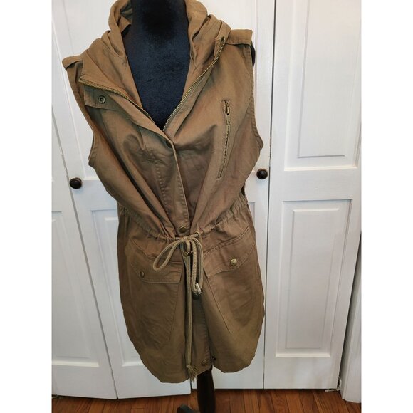 Olive Green Anorak Hooded Vest Drawstring Pockets 1X Utility Gorpcore Grunge - Picture 1 of 10